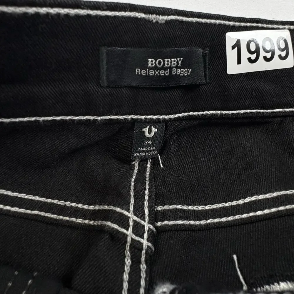 True Religion Jeans Mens 34x32 Black Bobby Relaxed Baggy Stretch Denim Rinse Y2K